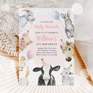 Landtiere Pink Girl Barnyard Geburtstagsparty Einladung