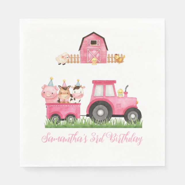 Landtiere Pink Girl Barnyard Geburtstagsparty Serviette (Vorderseite)