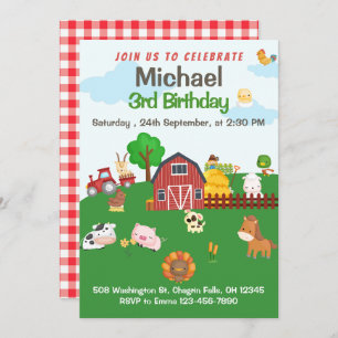 Landtiere Red Gingham Barnyard Birthday Einladung