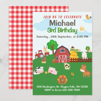 Landtiere Red Gingham Barnyard Birthday Einladung