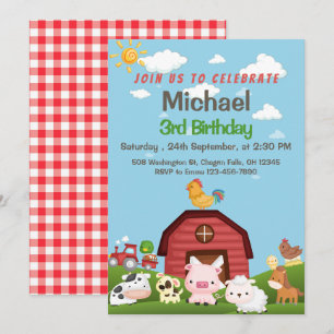 Landtiere Red Gingham Barnyard Birthday Invitat Einladung