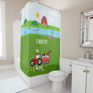 Landtiere & Red Tractor Barnyard Individuelle Name Duschvorhang