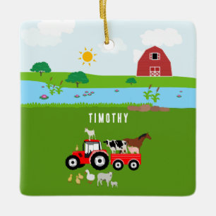 Landtiere & Red Tractor Barnyard Individuelle Name Keramikornament