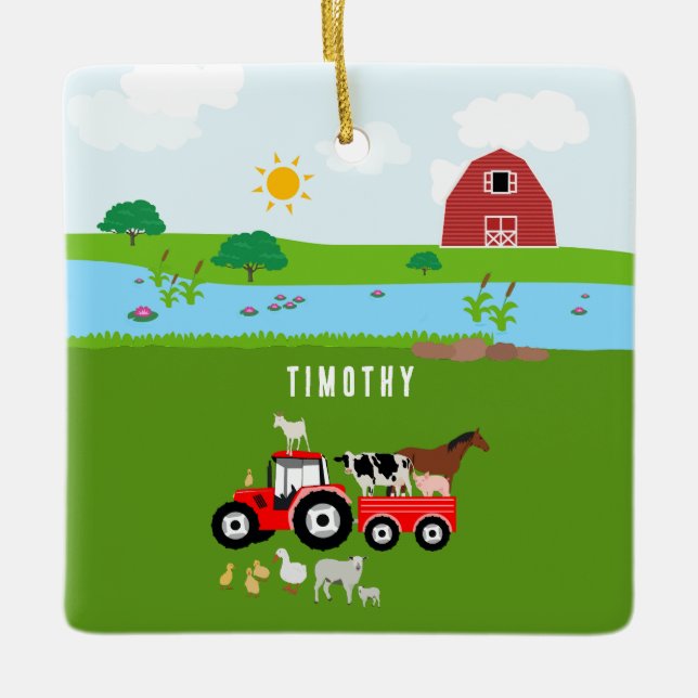 Landtiere & Red Tractor Barnyard Individuelle Name Keramikornament (Vorderseite)
