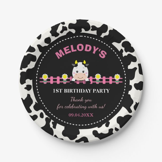 Landtiere rosa Kuh Barnyard 1. Geburtstag Party Pappteller (Vorderseite)