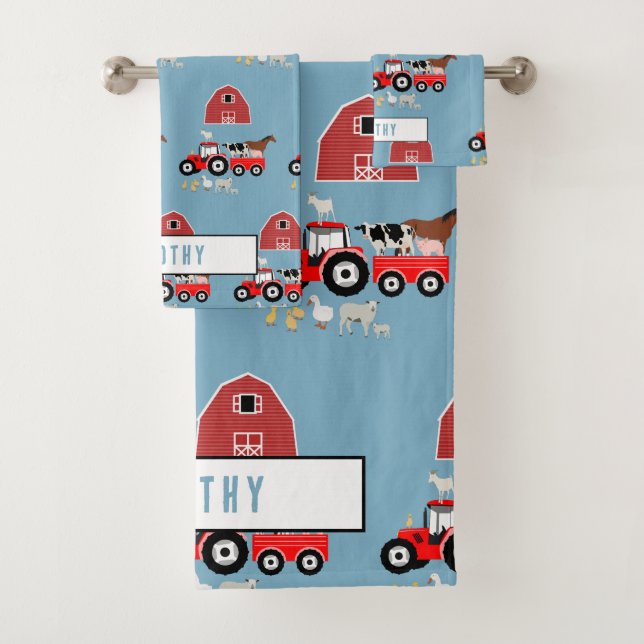 Landtiere & rote Traktor Barnyard Boys Muster Badhandtuch Set (Insitu)