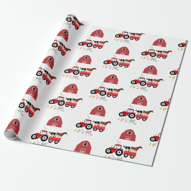 Landtiere & rote Traktor Barnyard Muster Geschenkpapier (Ungerollt)