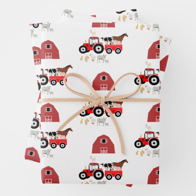 Landtiere & rote Traktor Barnyard Muster Geschenkpapier Set (Beispiel)