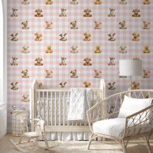 Landtiere Spielzeug Pink Kariert Baby Girl Kinderz Tapete