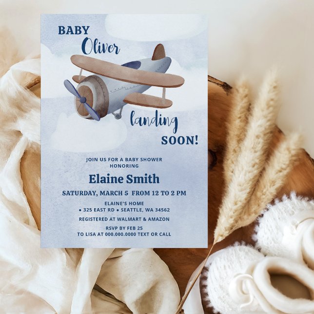 Landung bald Blue Boy Airplane Baby Dusche Einladung (Landing Soon Blue Boy Airplane Baby Shower Invitation)