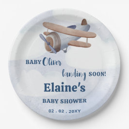 Landung bald Blue Boy Airplane Baby Dusche Pappteller
