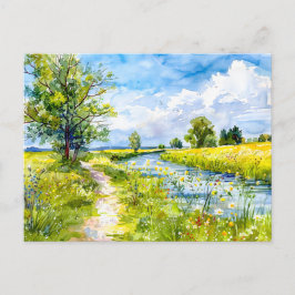 Landweg zum Fluss Havelland Wasserfarbe Postkarte