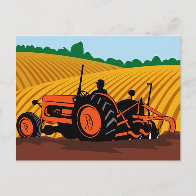 Landwirt fährt Traktor auf dem Feld Postkarte (Vorderseite)