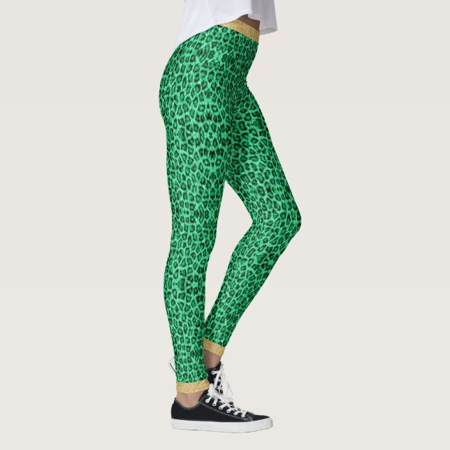 Lang haariger grüner Leopard-Skin Print Gold-Glitz Leggings (Rechts)