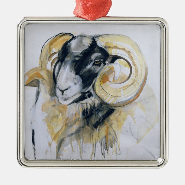 Lange Horn-Schafe Silbernes Ornament (Vorne)
