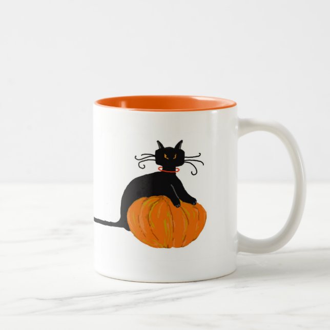 Lange Schwanz-Halloween-Katze Zweifarbige Tasse (Rechts)