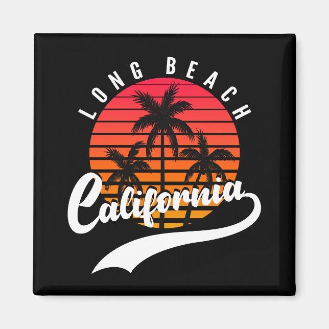 Lange Strand Retro Sonnenuntergang und Palmen Bäum Magnet (Vorne)