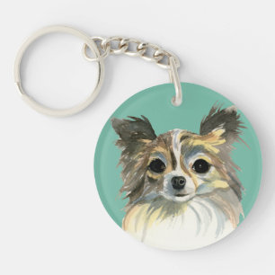 Langes Haar-Chihuahua-Aquarell-Porträt Schlüsselanhänger