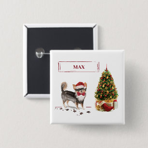 Langhaar Chihuahua Lustiger Weihnachts Hund Baum Button