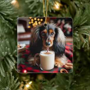 Langhaar-Dachshund-Christbaumschmuck Keramikornament