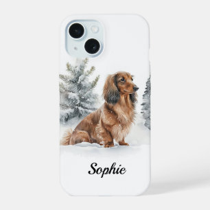 Langhaar-Dachshund Doxie-Sausage-Hund im Schnee iPhone 15 Hülle