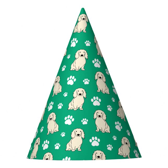 Langhaar-Dachshund in Creme Partyhütchen (Vorderseite)