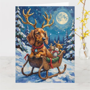 Langhaar-Dachshund-Rentier-Schlitten Karte