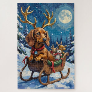 Langhaar-Dachshund-Rentier-Schlitten Puzzle