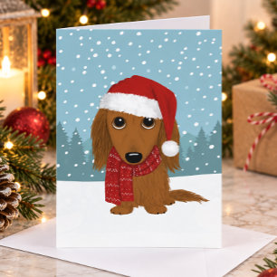 Langhaar-Dachshund-Santa-Wiener-Dog-Weihnachten Feiertagskarte