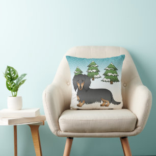 Langhaar-Dachshund Schwarz & Tan - Winterwald Kissen