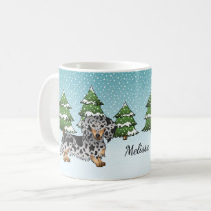 Langhaar-Dackel mit Schwarz-Tan-Scheckung im Winte Kaffeetasse