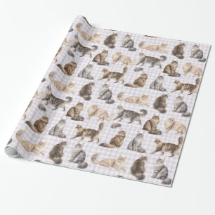 Langhaar-Katze Lila Gingham Wasserfarbe Geschenkpa Geschenkpapier