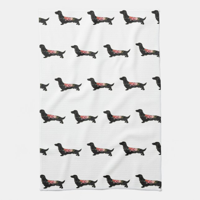 Langhaarige Dackel Bohemische Silhouette Geschirrtuch (Vertikal)