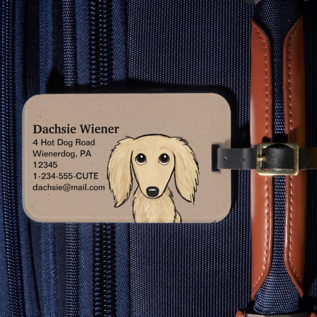 Langhaarige Dackel | Cartoon Dackel Hund Gepäckanhänger (Vorderseite Insitu 4)