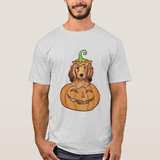 Langhaarige Dackel Halloweens T-Shirt (Vorderseite)