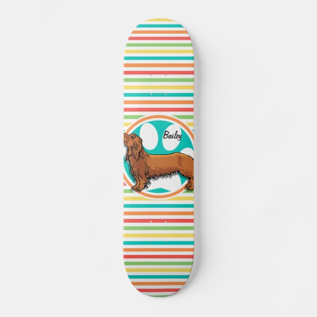 Langhaarige Dackel; Helle Regenbogenstreifen Skateboard (Vorderseite)