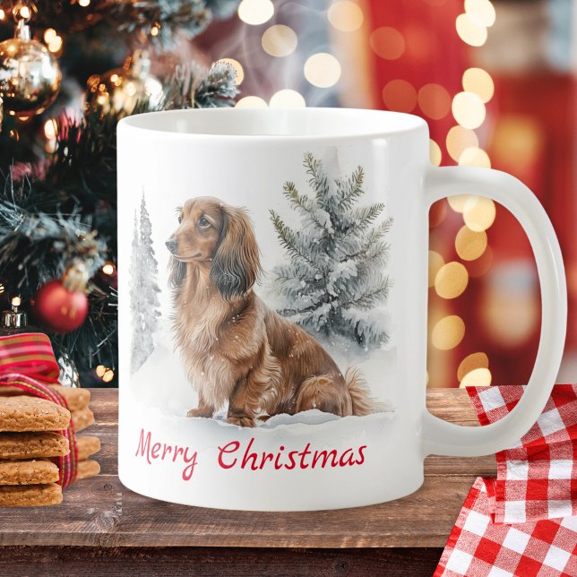 Langhaarige Dackel Hund in Schnee Frohe Weihnachte Kaffeetasse (A festive coffee mug with picture of a long haired dachshund in snow, with Merry Christmas greeting)