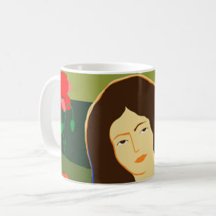Langhaarige Frau auf Mohnfeld Kaffeetasse