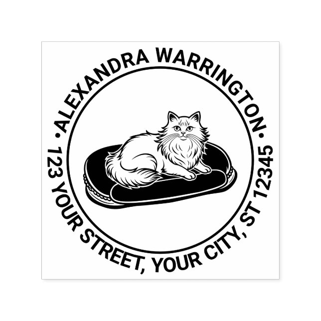 Langhaarige Katze auf Bettnamen Rücksendeadresse Permastempel (Design)