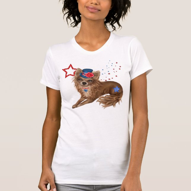 Langhaarige patriotische Chihuahua T-Shirt (Vorderseite)
