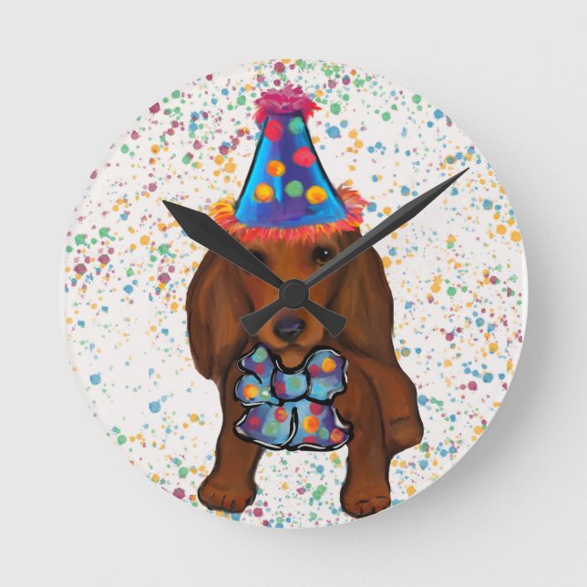 Langhaarige rote Dackel Runde Wanduhr (Vorderseite)