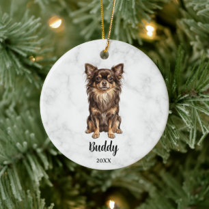Langhaarige Schokoladen-Tan-Chihuahua-Haustier-Ged Keramik Ornament