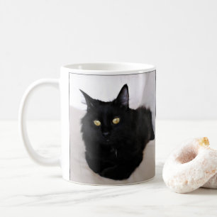 Langhaarige Schwarze Katze Entspannen auf dem Sofa Kaffeetasse