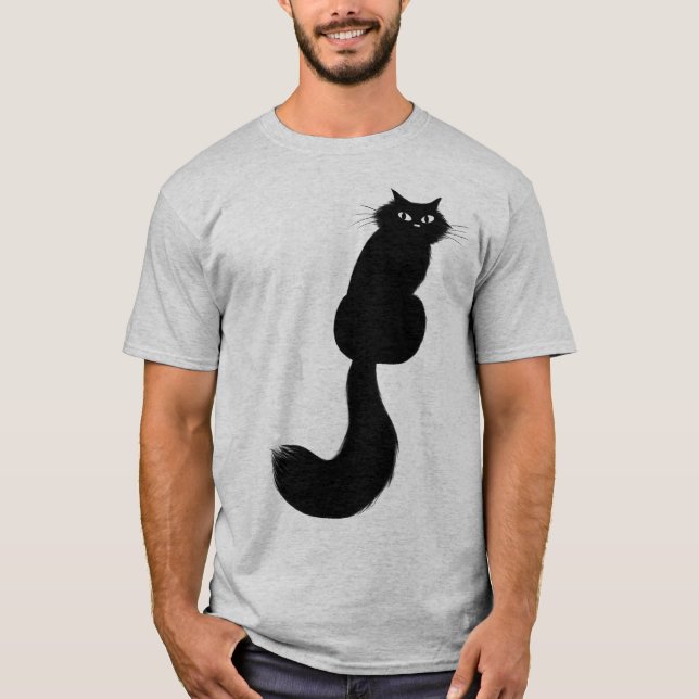 Langhaarige schwarze Katzenkatze mit Blick auf Sch T-Shirt (Vorderseite)