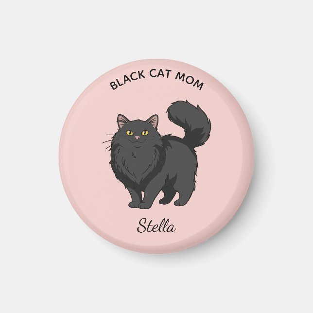 Langhaarige schwarze Katzenmutter personalisiert Magnet (Vorne)