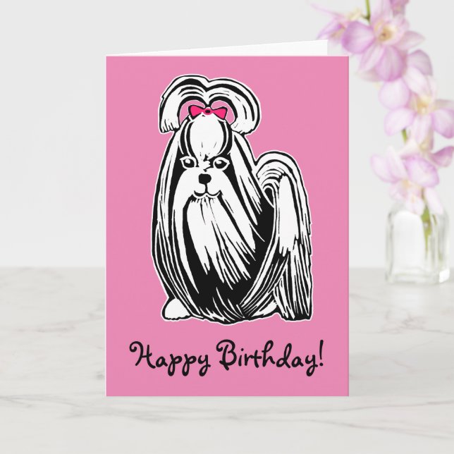 Langhaarige Shih Tzu Dog Pink Happy Birthday Card Karte (Orchidee)
