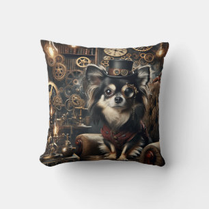 Langhaariger schwarz-weißer Chihuahua-Steampunk Kissen