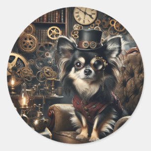 Langhaariger schwarz-weißer Chihuahua-Steampunk Runder Aufkleber