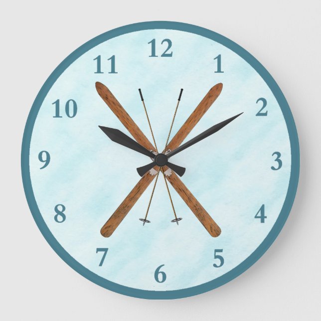 Langlaufski im Schnee Große Wanduhr (Vorderseite)