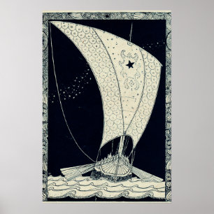 Langschiff-Segeln in der Nacht Poster